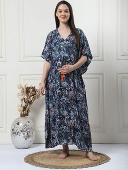 Secret Wish - Printed Navy Blue Rayon Maternity Kaftan