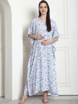 Secret Wish - Floral Print Light Blue Rayon Maternity Kaftan