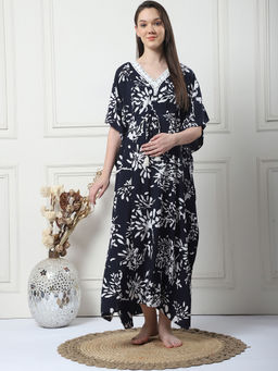 Secret Wish - Floral Print Black Rayon Maternity Kaftan
