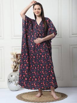 Secret Wish - Floral Print Navy Blue Cotton Maternity Kaftan