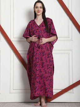 Secret Wish - Floral Print Purple Cotton Maternity Kaftan