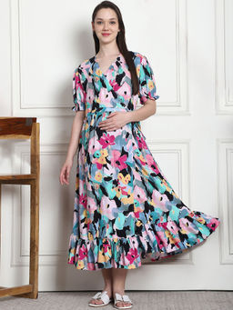 Secret Wish - Floral Print Multi Rayon Maternity Wrap Dress