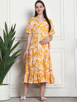 Secret Wish - Floral Print Yellow Rayon Maternity Wrap Dress