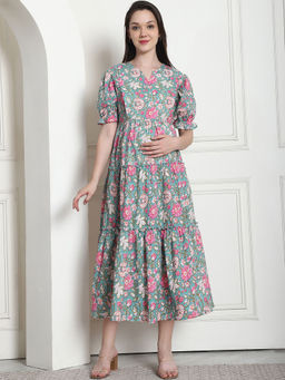 Secret Wish - Floral Print Green Cotton Fit & Flare Maternity Dress