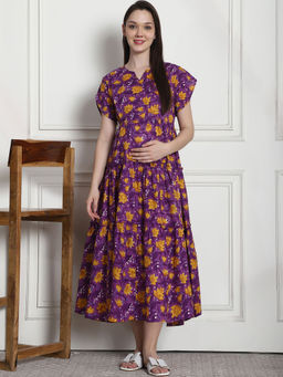Secret Wish - Floral Print Purple Cotton Fit & Flare Maternity Dress