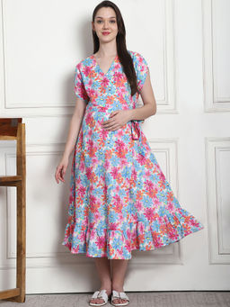 Secret Wish - Floral Print Blue Cotton Maternity Wrap Dress