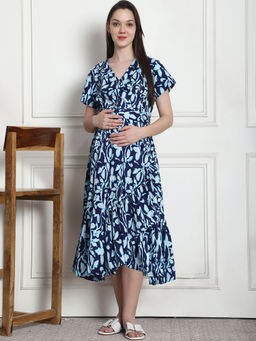 Secret Wish - Floral Print Navy Blue Cotton Maternity Wrap Dress with Belt (Set of 2)
