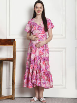 Secret Wish - Floral Print Purple Cotton Maternity Wrap Dress with Belt (Set of 2)