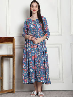 Secret Wish - Floral Print Blue Cotton Maternity Nightdress