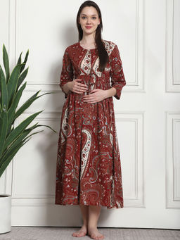 Secret Wish - Printed Maroon Cotton Maternity Nightdress