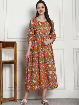 Secret Wish - Floral Print Mustard Cotton Maternity Nightdress