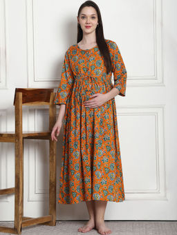 Secret Wish - Floral Print Orange Cotton Maternity Nightdress