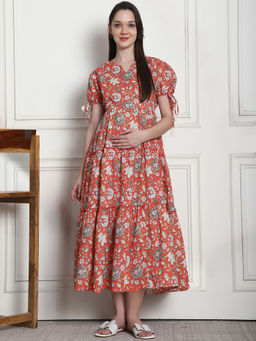 Secret Wish - Floral Print Orange Cotton Fit & Flare Maternity Dress