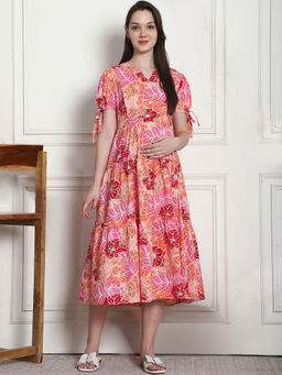 Secret Wish - Floral Print Peach Cotton Fit & Flare Maternity Dress