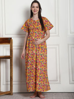 Secret Wish - Floral Print Yellow Cotton Maternity Nighty