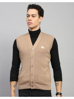 Monte Carlo - Self Design Beige V Neck Sleeveless Cardigan Sweater