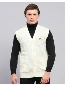 Monte Carlo - White Self Design V Neck Sleeveless Cardigan Sweater