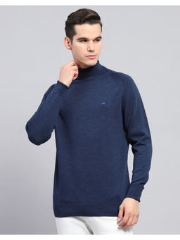Monte Carlo - Navy Blue Solid Turtle Neck Full Sleeve Pullover Sweater