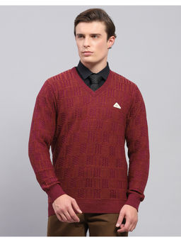 Monte Carlo - Maroon Self Design V Neck Full Sleeve Pullover Sweater