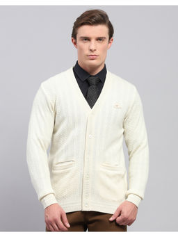 Monte Carlo - White Self Design V Neck Full Sleeve Cardigan Sweater