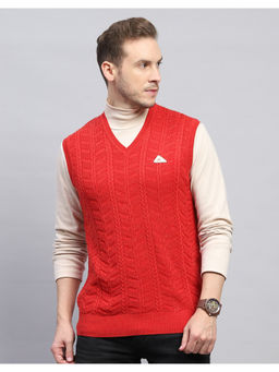 Monte Carlo - Red Self Design V Neck Sleeveless Sweater