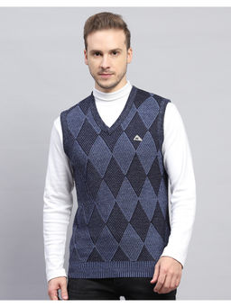 Monte Carlo - Navy Blue Self Design V Neck Sleeveless Sweater