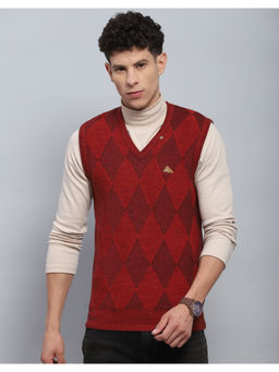 Monte Carlo - Maroon Self Design V Neck Sleeveless Sweater