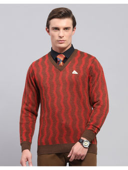 Monte Carlo - Red Self Design V Neck Full Sleeve Pullover Sweater