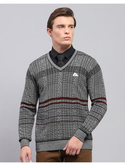 Monte Carlo - Grey Self Design V Neck Full Sleeve Pullover Sweater