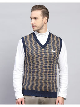 Monte Carlo - Navy Blue Self Design V Neck Sleeveless Sweater