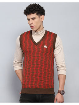 Monte Carlo - Red Self Design V Neck Sleeveless Sweater