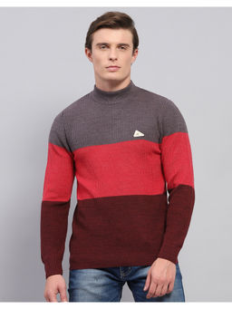 Monte Carlo - Grey and Red Striped High Neck Full Sleeve Pullover