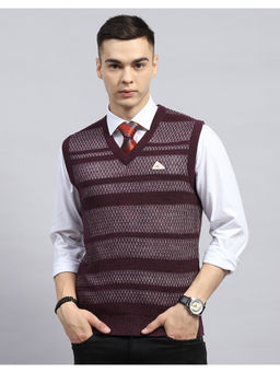 Monte Carlo - Wine Self Design V Neck Sleeveless Sweater