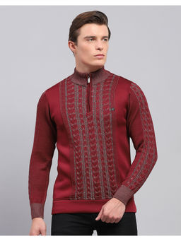 Monte Carlo - Maroon Self Design High Neck Full Sleeve Pullover Sweater