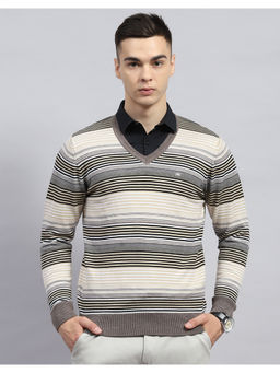 Monte Carlo - Beige Striped V Neck Full Sleeve Pullover Sweater