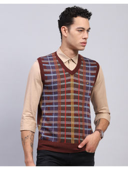 Monte Carlo - Rust Self Design V Neck Sleeveless Sweater