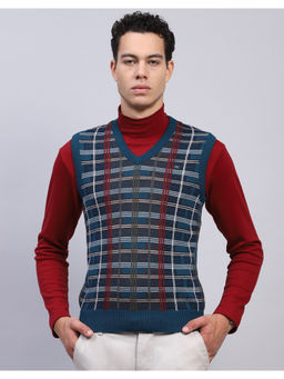 Monte Carlo - Teal Self Design V Neck Sleeveless Sweater