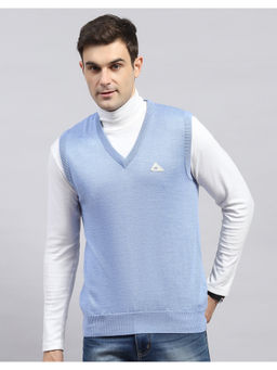 Monte Carlo - Sky Blue Solid V Neck Sleeveless Sweater