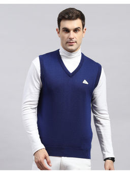 Monte Carlo - Navy Blue Solid V Neck Sleeveless Sweater