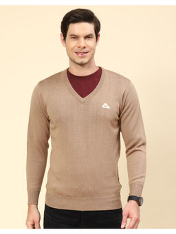 Monte Carlo - Khaki Solid V Neck Full Sleeve Pullover Sweater