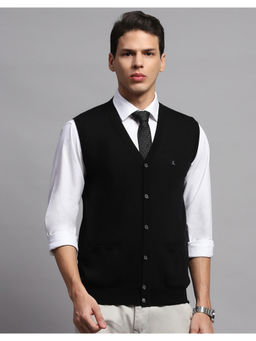 Monte Carlo - Black Solid V Neck Sleeveless Cardigan Sweater