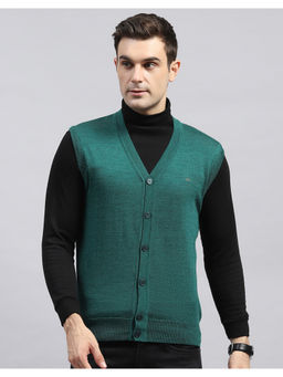 Monte Carlo - Green Solid V Neck Sleeveless Cardigan Sweater
