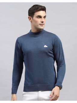 Monte Carlo - Blue Solid High Neck Full Sleeve Pullover Sweater