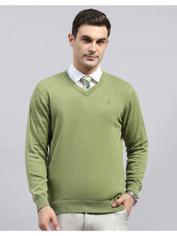 Monte Carlo - Green Solid V Neck Full Sleeve Pullover Sweater