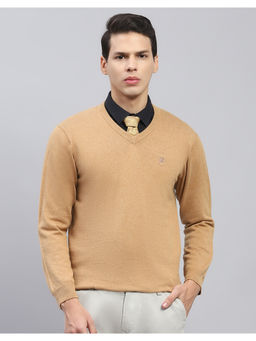 Monte Carlo - Khaki Solid V Neck Full Sleeve Pullover Sweater