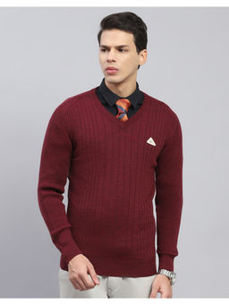 Monte Carlo - Wine Stripes V Neck Full Sleeve Pullover Sweater