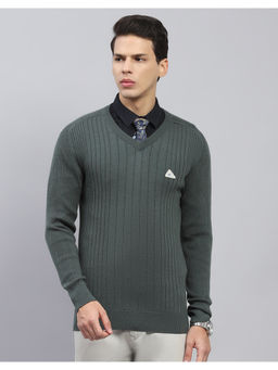 Monte Carlo - Olive Stripes V Neck Full Sleeve Pullover Sweater