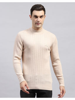 Monte Carlo - Beige Stripes High Neck Full Sleeve Pullover Sweater