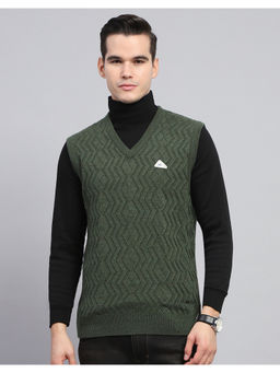 Monte Carlo - Olive Self Design V Neck Sleeveless Sweater