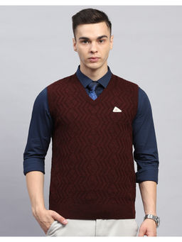 Monte Carlo - Wine Self Design V Neck Sleeveless Sweater